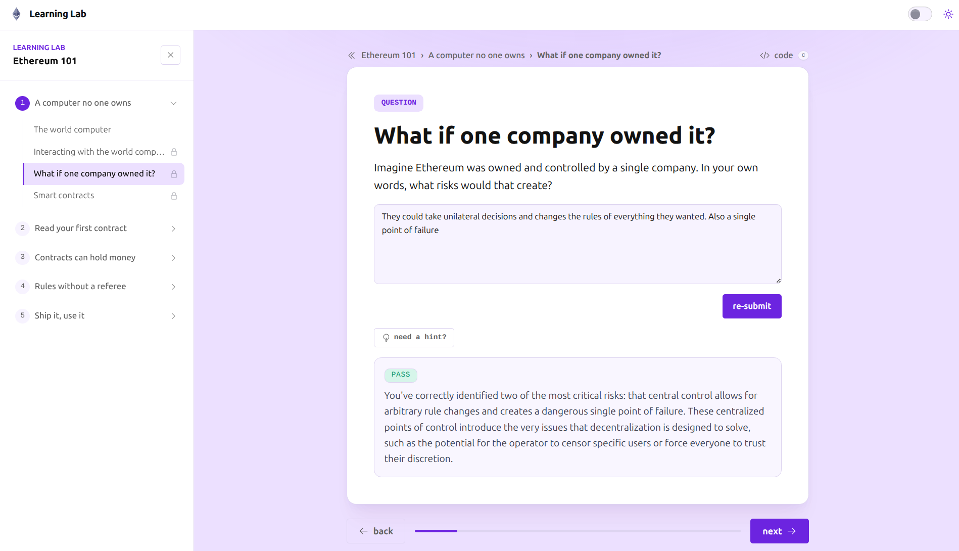 Ethereum 101 in Learning Lab: the AI tutor reads a learner's free-text answer about single-company control and returns a PASS with a written explanation.